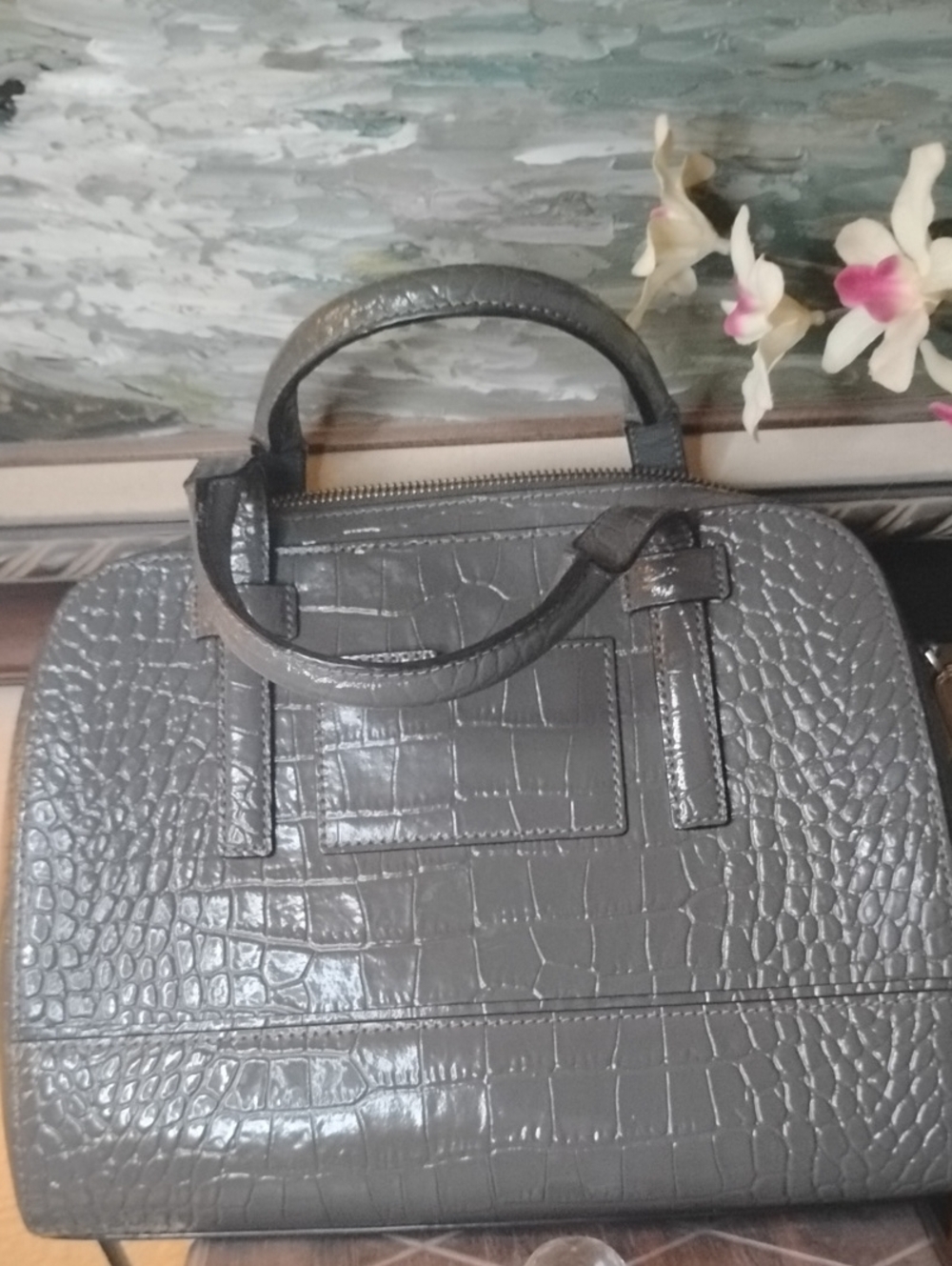 kate spade Croc-Embossed Satchel in Dark Brown with Gold Hardware - Picture 7 of 11